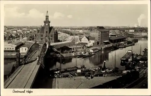 Ak Dortmund im Ruhrgebiet, Partie am Hafen, Brücke, Vogelschau