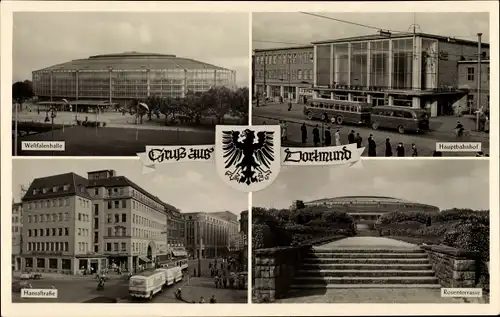 Ak Dortmund im Ruhrgebiet, Westfalenhalle, Wappen, Hauptbahnhof, Hansastraße, Rosenterrasse