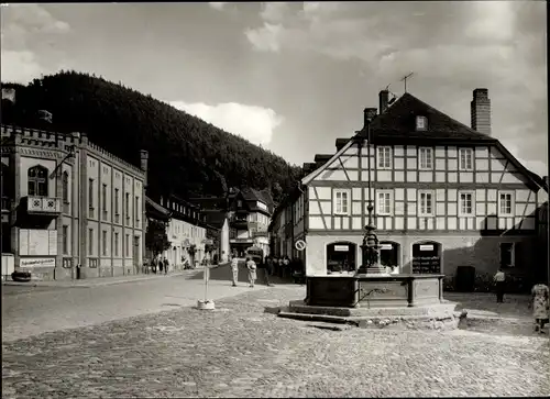 Ak Leutenberg in Thüringen, Partie im Ort, Fachwerkhäuser, Brunnen