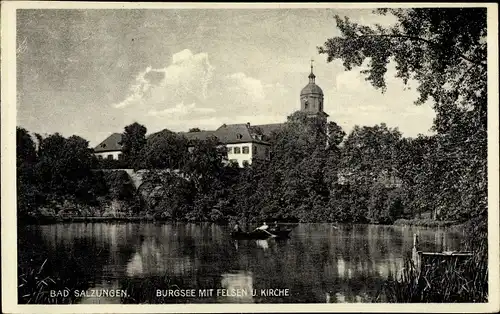 Ak Bad Salzungen in Thüringen, Burgsee mit Felsen und Kirche
