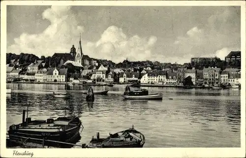 Ak Flensburg in Schleswig Holstein, Panorama, Kirchturm, Hafen, Boote