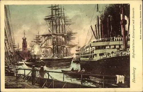 Ak Hamburg Mitte St. Pauli, Hafenbild beim Kaiserquai mit Seewarte, Schiffe