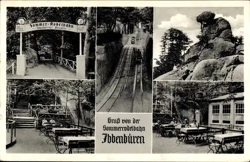 Ak Ibbenbüren im Tecklenburger Land, Sommerrodelbahn, Eingang, Hockendes Weib, Außengastronomie