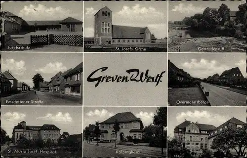 Ak Greven in Westfalen, St. Josefs Kirche, Overmannsberge, Hospital, Emsdettener Str., Josefsschule