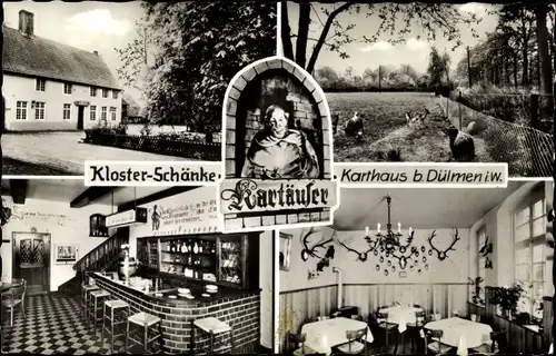 Ak Karthaus Dülmen im Münsterland, Restaurant Klosterschänke, Innen- und Außenansichten