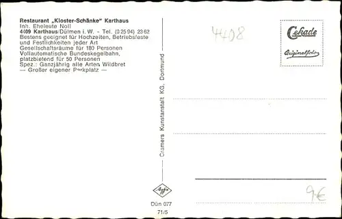 Ak Karthaus Dülmen im Münsterland, Restaurant Klosterschänke, Innen- und Außenansichten