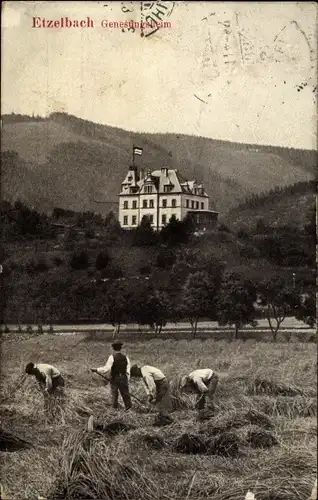 Ak Etzelbach Uhlstädt Kirchhasel in Thüringen, Genesungsheim, Außenansicht, Erntearbeiter