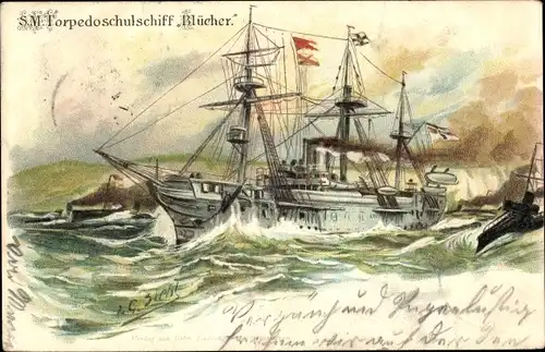Künstler Litho Siehl, Deutsches Kriegsschiff, SMS Blücher, Torpedoschulschiff, Kaiserliche Marine