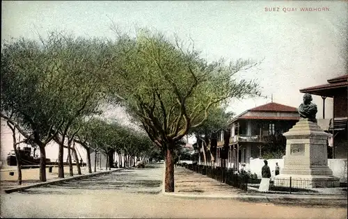 Ak Suez Ägypten, Quai Waghorn, Promenade am Hafen, Statue