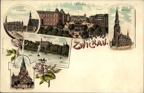 Litho Zwickau in Sachsen, Albertplatz, Moritzkirche, Marienkirche, Hauptmarkt, Schwanenteich