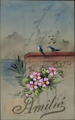 Zelluloid Ak Amitie, Vögel, Mauer, Blumenstrauß