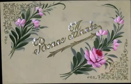 Zelluloid Ak Glückwunsch Neujahr, Blumen