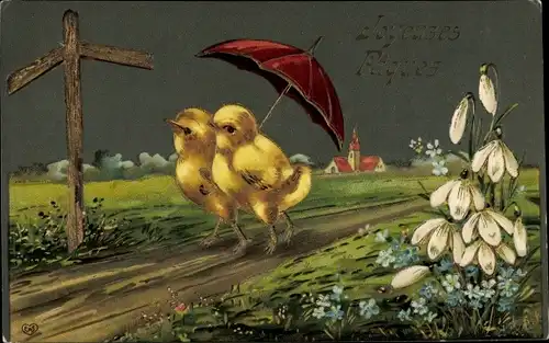 Präge Ak Glückwunsch Ostern, Zwei Küken mit Regenschirm, Schneeglöckchen, EAS