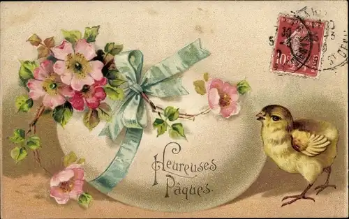 Präge Ak Glückwunsch Ostern, Küken, Osterei, Blumen