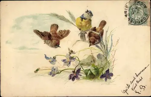 Litho Singende Vögel, Blumen, Getreide