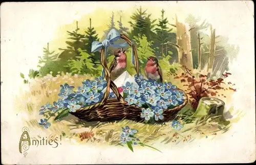 Präge Ak Vergissmeinnicht im Korb, Vögel, Amities
