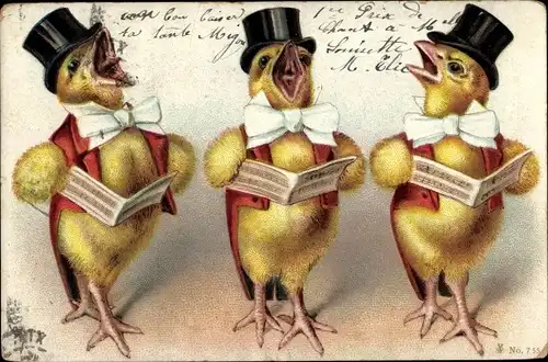 Litho Singende Küken, Noten, Zylinder, Schleifen