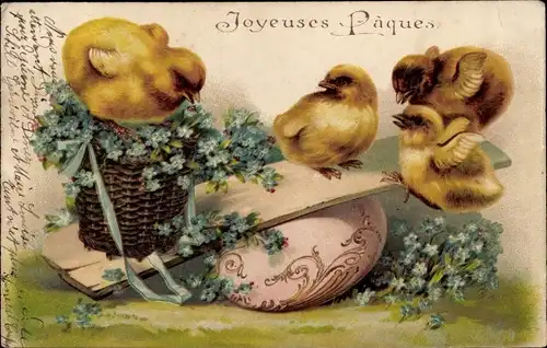 Präge Litho Glückwunsch Ostern, Küken auf Wippe aus Osterei, Korb mit Vergissmeinnicht