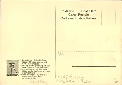 Ak Hängebank, Aufschieben leerer Grubenwagen auf den Förderkorb, Ruhrkohle