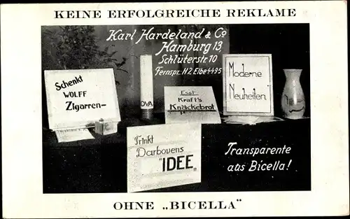 Reklame Ak Karl Hardeland & Co., Bicella, Wolff Zigarren, Kraft's Knäckebrot, Darbovens Idee