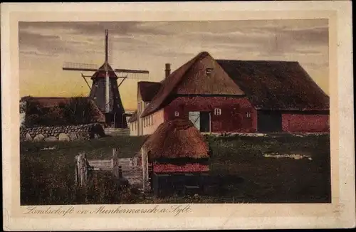 Ak Munkmarsch Sylt in Nordfriesland, Dorfpartie, Windmühle