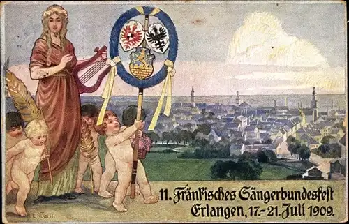 Künstler Ak Röger, C., Erlangen Mittelfranken Bayern, 11. Fränkisches Sängerbundesfest 1909, Wappen