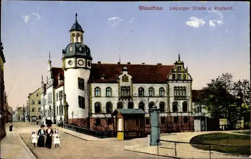 Ak Glauchau in Sachsen, Leipziger Straße und Postamt