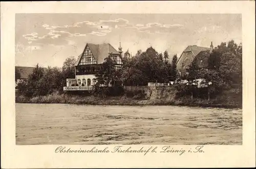 Ak Fischendorf Leisnig an der Freiburger Mulde Sachsen, Partie am Fluss mit Obstweinschänke