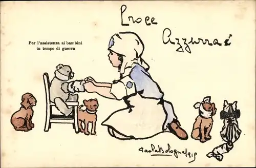 Künstler Ak Krankenschwester pflegt ihre Tiere, Hunde, Verband