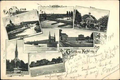 Ak Kehl am Rhein in Baden Württemberg, Brücken, Schiffbrücke, Rathaus, Kirche, Bahnhof