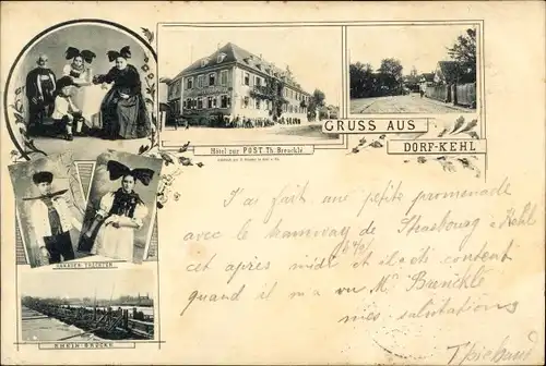 Ak Kehl am Rhein, Hanauer Trachten, Rheinbrücke, Hotel zur Post