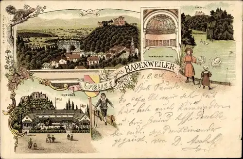 Litho Badenweiler im Schwarzwald, Kurhaus, Teich, Schwäne