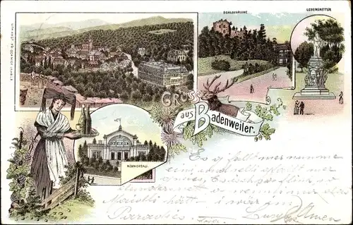 Litho Badenweiler im Schwarzwald, Frau in Tracht, Schlossruine, Denkmal, Panorama vom Ort