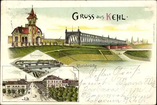 Litho Kehl am Rhein, Rheinbrücken, Panorama, Straßenpartie