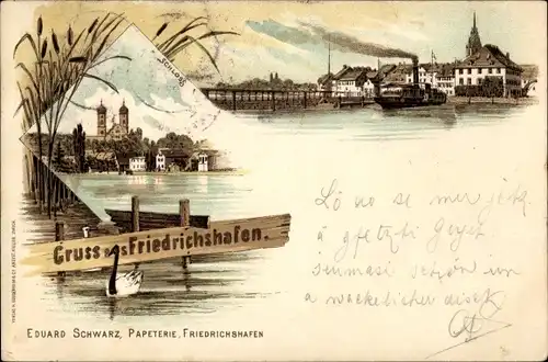 Litho Friedrichshafen am Bodensee, Schloss, Blick auf den Ort vom Wasser aus, Eduard Schwarz