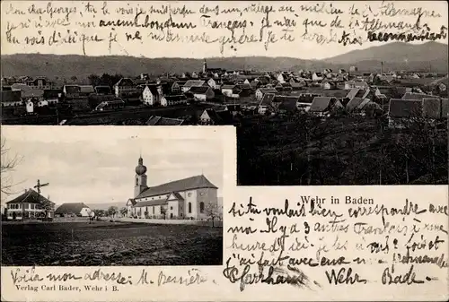 Ak Wehr in Baden, Panorama vom Ort, Kirche