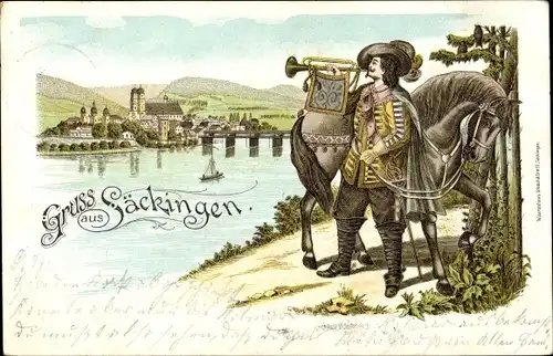 Litho Bad Säckingen am Hochrhein, Trompeter von Säckingen, Pferd