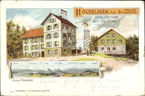 Künstler Ak Zorn, L., Blauen Badenweiler im Schwarzwald, Hochblauen, Hotel und Pension