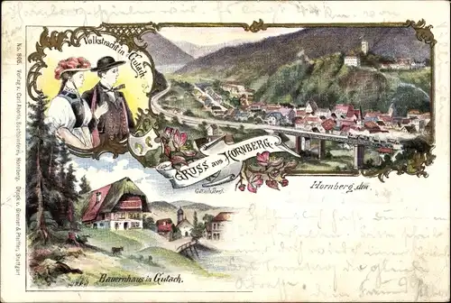 Litho Hornberg im Ortenaukreis, Totalansicht, Bauernhaus, Volkstrachten aus Gutach