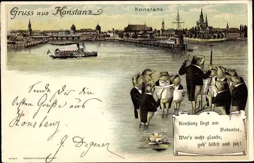 Litho Konstanz am Bodensee, Blick über den Hafen, singende Frösche