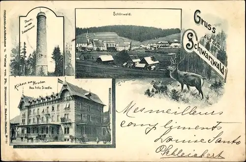Ak Schönwald im Schwarzwald, Stöcklewald, Turm, Kurhaus zum Hirschen