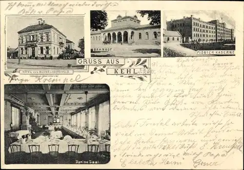 Ak Kehl am Rhein, Bahnhof, Pionier-Kaserne, Hotel zur Blume von Georg Held, Speisesaal