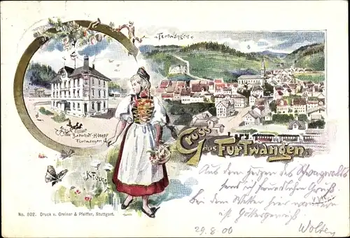 Künstler Ak Fuchs, Karl, Furtwangen im Schwarzwald, Frau in Tracht, Bahnhof Hotel, Totalansicht