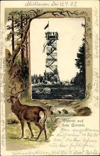 Litho Blauen Badenweiler im Schwarzwald, Turm, Hirsch