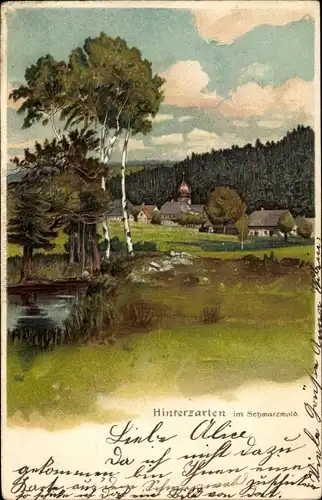 Litho Hinterzarten im Schwarzwald, Blick auf den Ort, Birken, Fluss