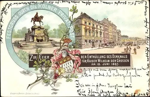 Wappen Litho Köln am Rhein, Enthüllung des Denkmals 1897, Hofspediteur C. Vrancken, Privat Post