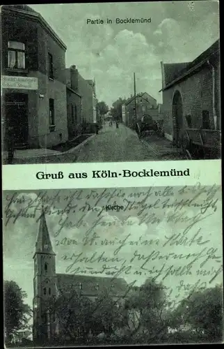 Ak Bocklemünd Mengenich Köln am Rhein, Kirche, Straßenpartie