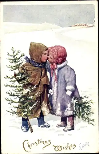Künstler Ak Feiertag, Karl, Glückwunsch Weihnachten, Kinder, Tannen, Kuss