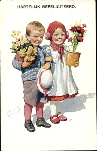 Künstler Ak Feiertag, Karl, Glückwunsch, Junge und Mädchen mit Blumentöpfen