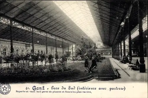 Ak Gand Gent Ostflandern, Gare du Sud, interieure avec parterre